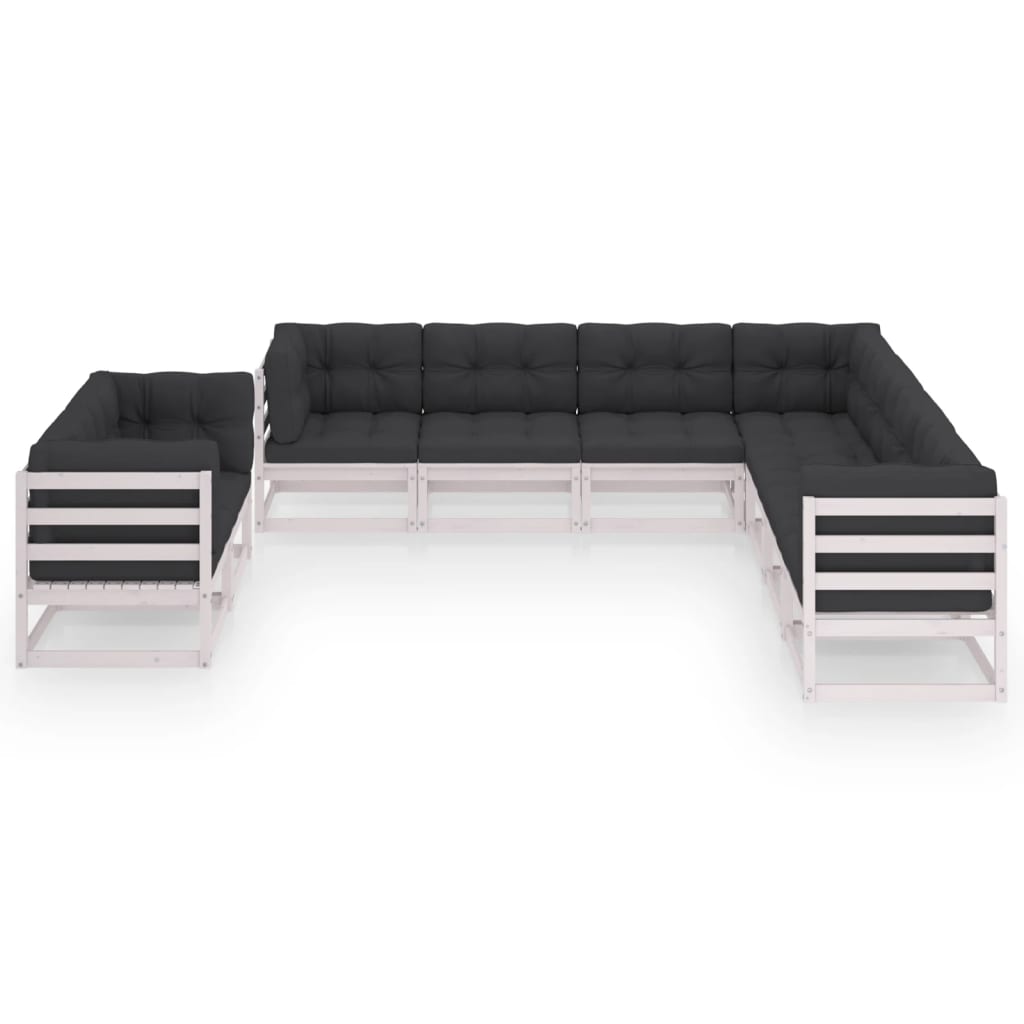 9-tlg. Garten-Lounge-Set mit Kissen Weiss Kiefer Massivholz